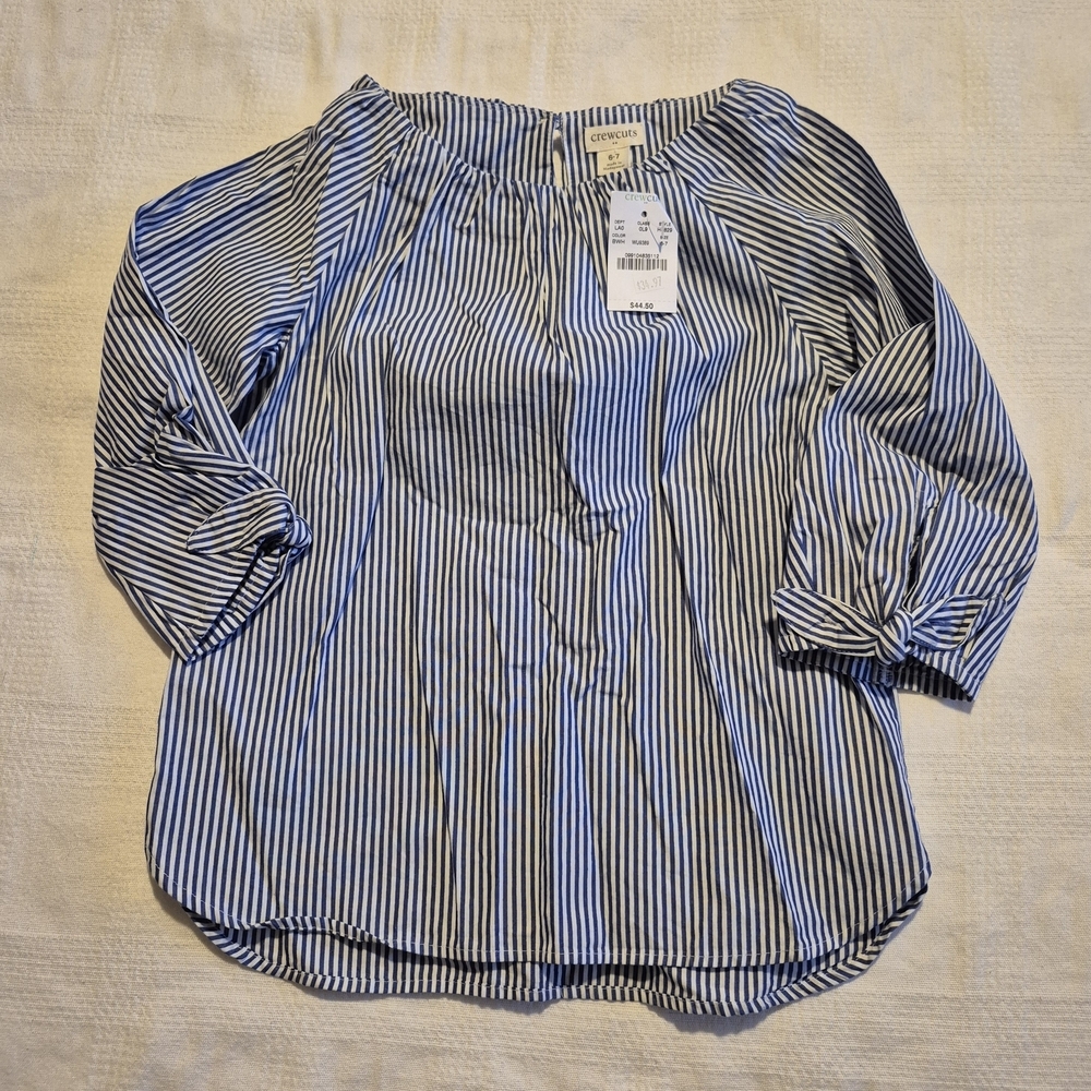 Crewcuts girls size 6-7 blue and white striped blouse bow on cuff, NWT